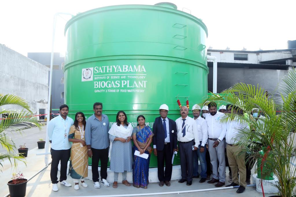 A bench mark 1Tonne capacity Biogas Plant was commissioned on 14th September 2022 in Sathyabama Institute of Science and Technology and inaugurated by our Honorable Chancellor Dr.Mariazeena Johnson, President Dr.Marie Johnson , Vice Presidents Mr. J.Arul Selvan and Miss. Maria Catherine Jayapriya .The digester converts 1Tonne food waste into 80-100 cubic meters of biogas.This initiative of Sathyabama is taken towards addressing the Global Climate Change issues.