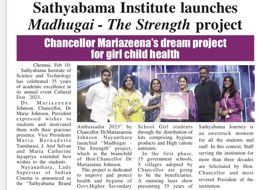 Sathyabama Institute launches " Madhugai - The Strength" project