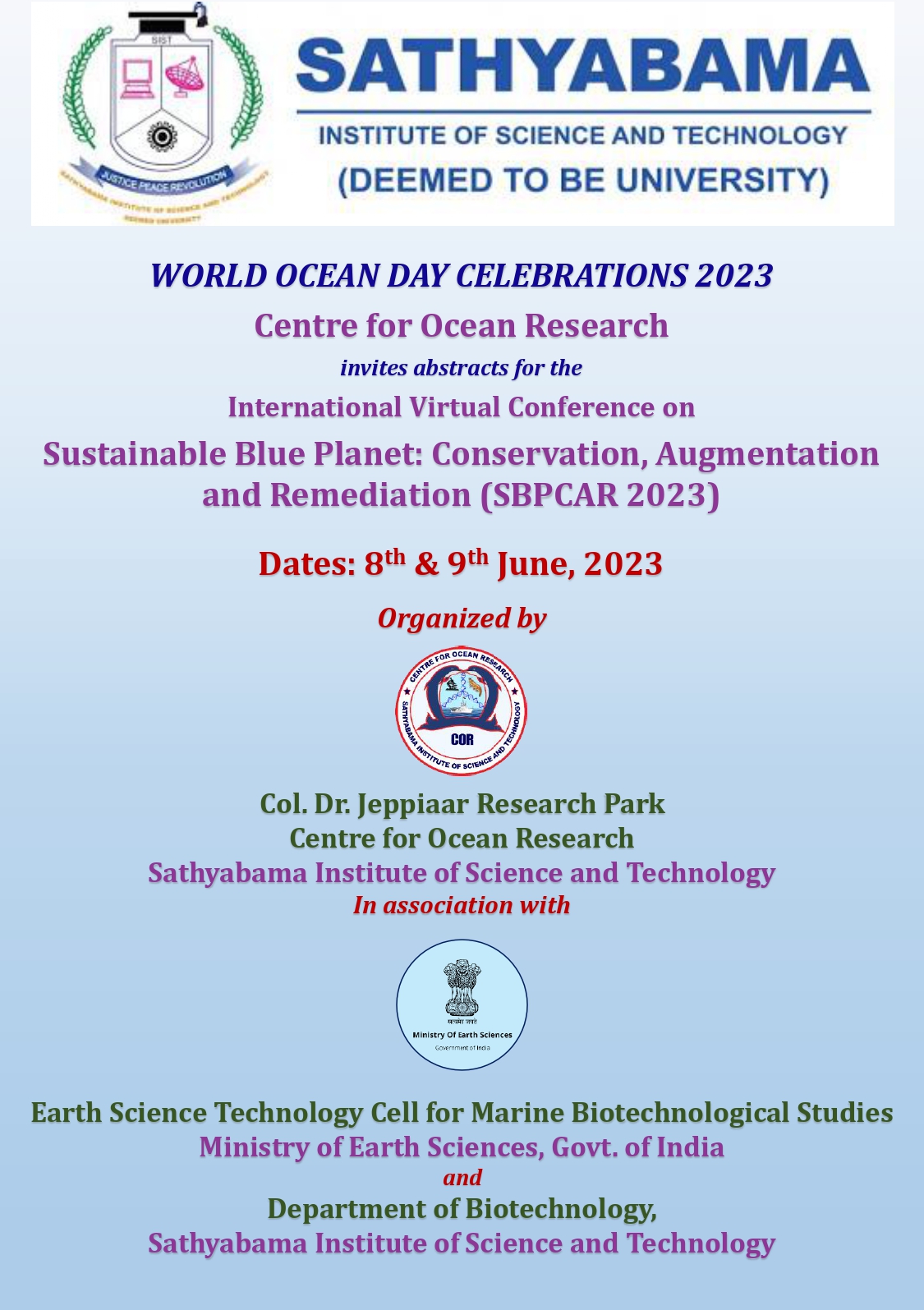 International Virtual Conference on Sustainable Blue Planet: Conservation, Augmentation and Remediation (SBPCAR 2023)