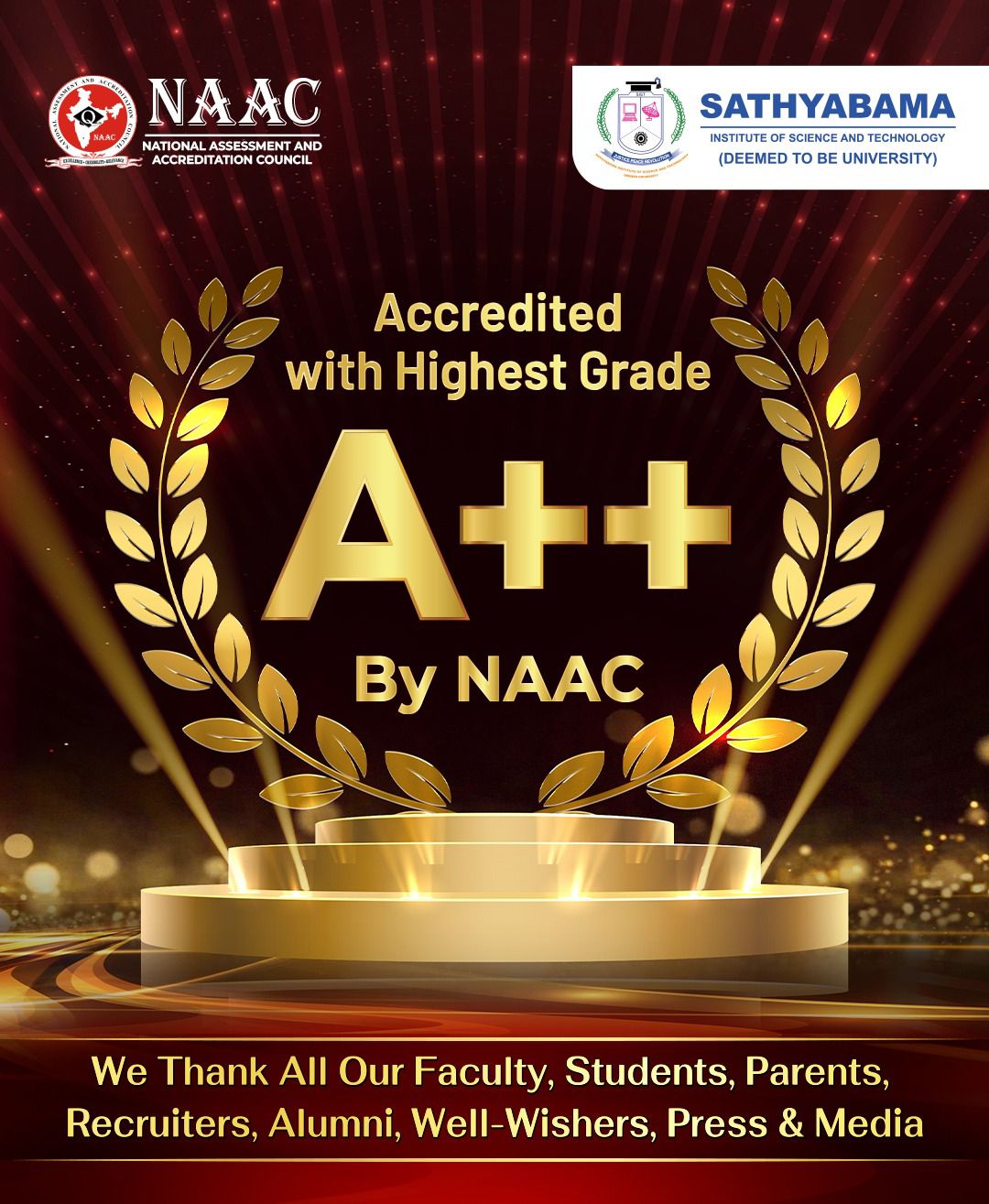 SATHYABAMA is accredited with Highest Grade  A++  by NAAC