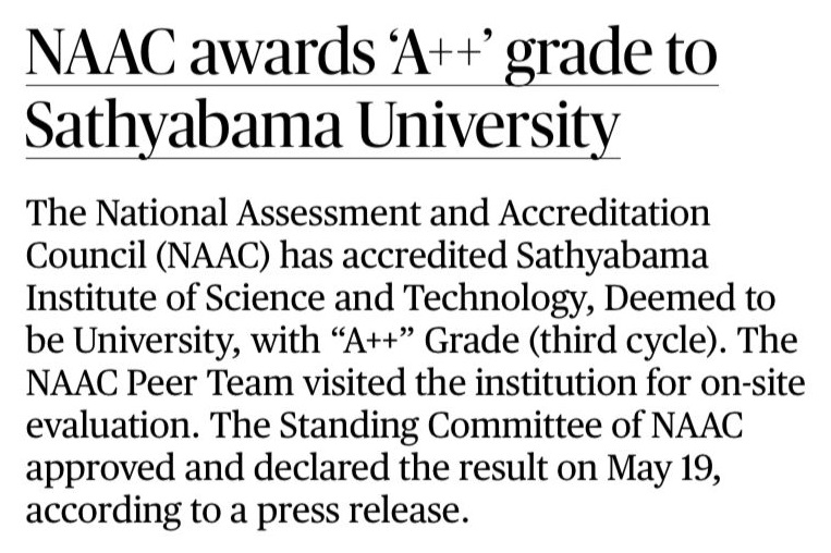 SATHYABAMA is accredited with ‘A++’ Grade By NAAC - Source: HIndu Dated on 21.05.2023