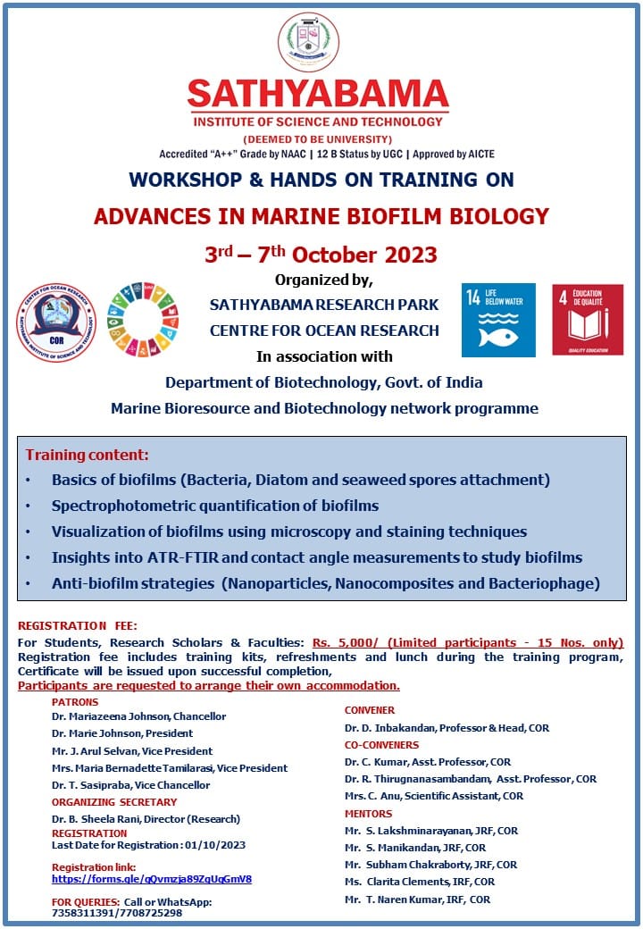 Workshop and Hands on Training on Advances in Marine Biofilm Biology