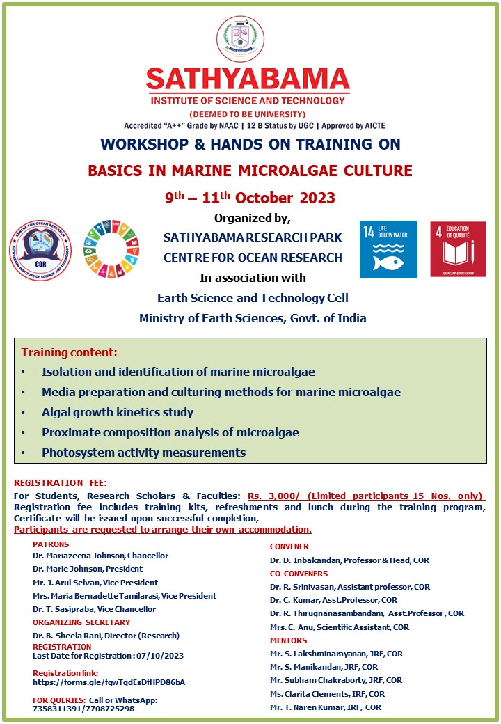Workshop and Hands on Training on "BASICS IN MARINE MICROALGAE CULTURE