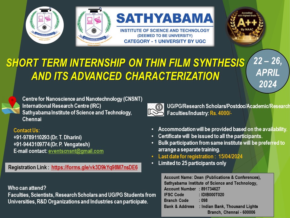 SHORT TERM INTERNSHIP ON THIN FILM SYNTHESIS AND ITS ADVANCED CHARACTERIZATION, April 22–26, 2024