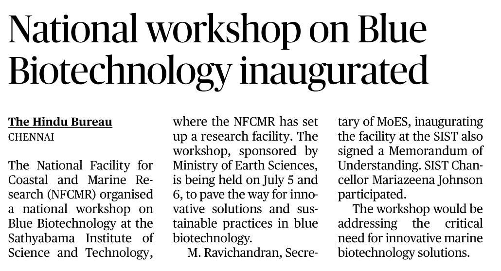 Dr. M. Ravichandran, Hon'ble Secretary, MoES declared that the facility established at Sathyabama Institute of Science and Technology has been given the National Recognition by the Ministry of Earth Sciences as "National Facility for Coastal and Marine Research".