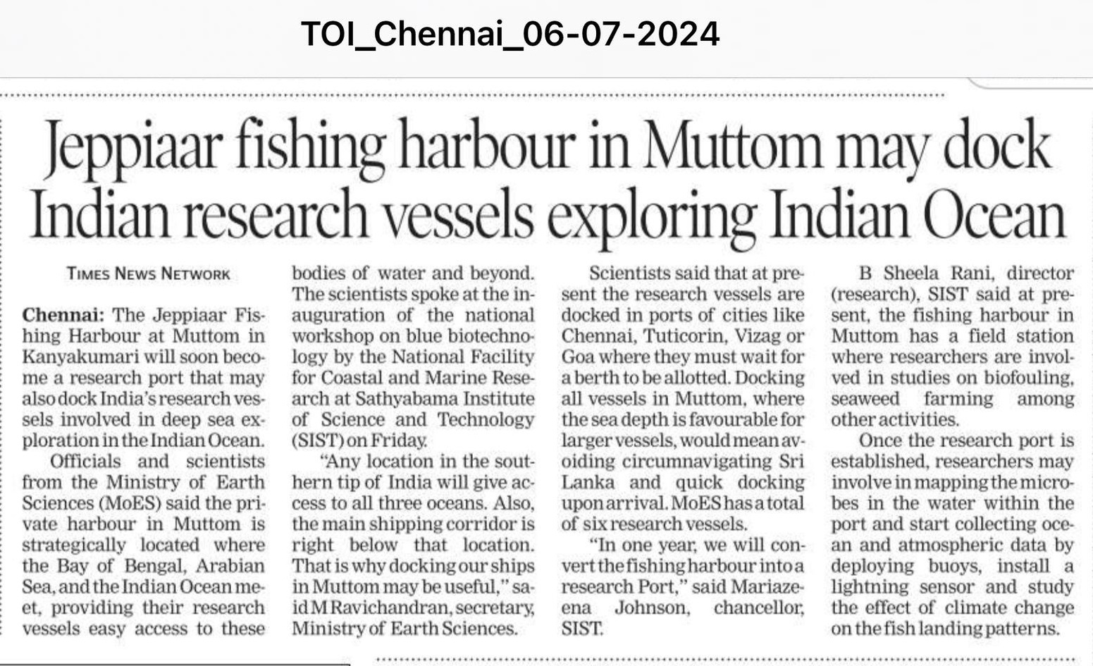 The National Coastal Dr. M. Ravichandran, Hon'ble Secretary, MoES declared that the facility established at Sathyabama Institute of Science and Technology has been given the National Recognition by the Ministry of Earth Sciences as "National Facility for Coastal and Marine Research". Laboratory at Sathyabama University, costing Rs. 25 crores, was facilitated by the Secretary of the Ministry of Earth Sciences. -2024