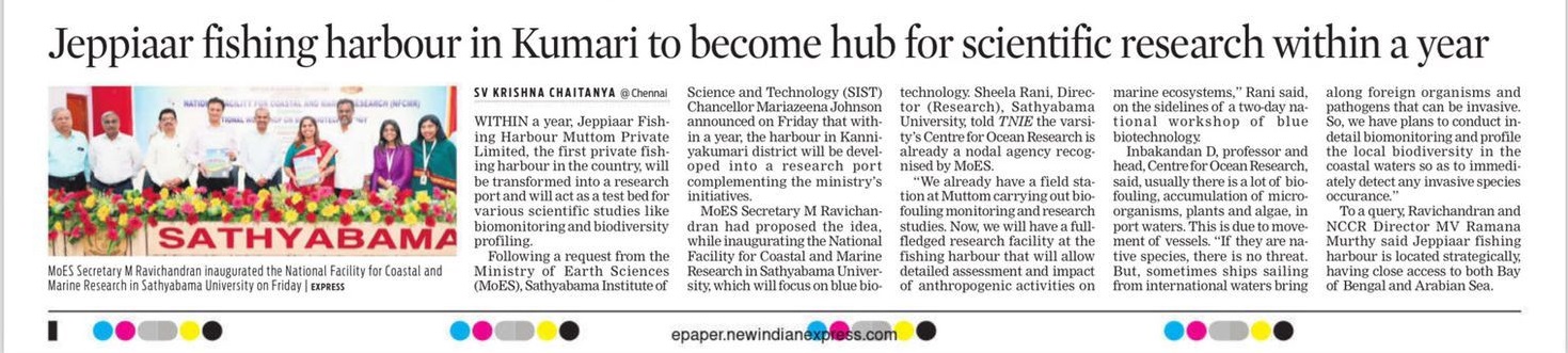 Dr. M. Ravichandran, Hon'ble Secretary, MoES declared that the facility established at Sathyabama Institute of Science and Technology has been given the National Recognition by the Ministry of Earth Sciences as "National Facility for Coastal and Marine Research".