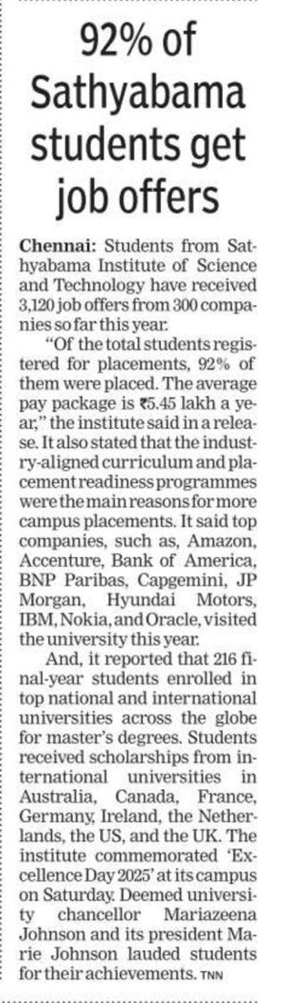 Sathyabama Institute of Science and Technology’s resounding success of Campus Recruitment