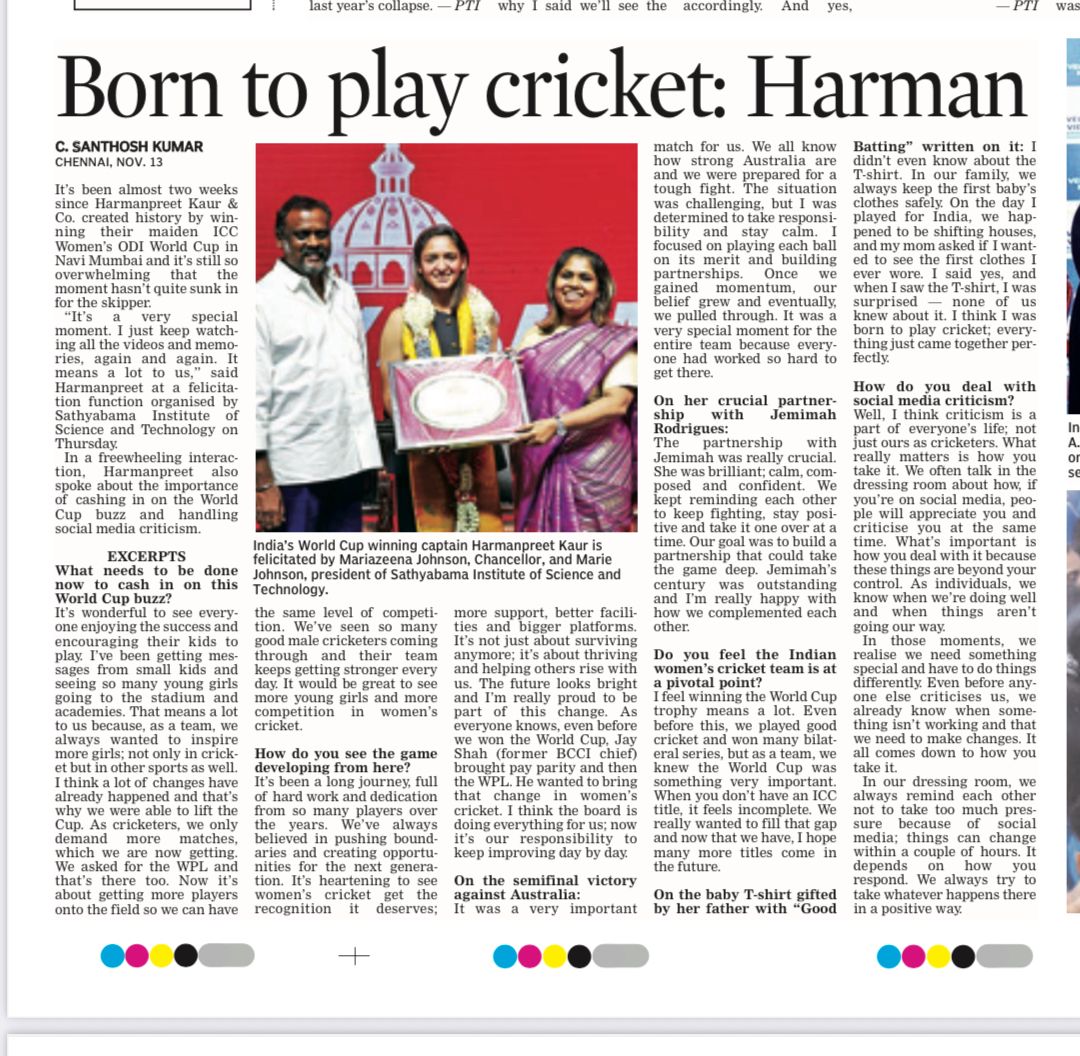 Ms Harmanpreet Kaur,Captain, Indian women’s Cricket team, is felicitated by  SATHYABAMA UNIVERSITY