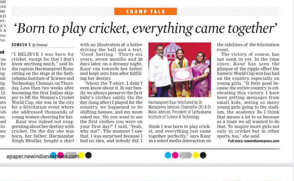 Ms Harmanpreet Kaur,Captain, Indian women’s Cricket team, is felicitated by  SATHYABAMA UNIVERSITY